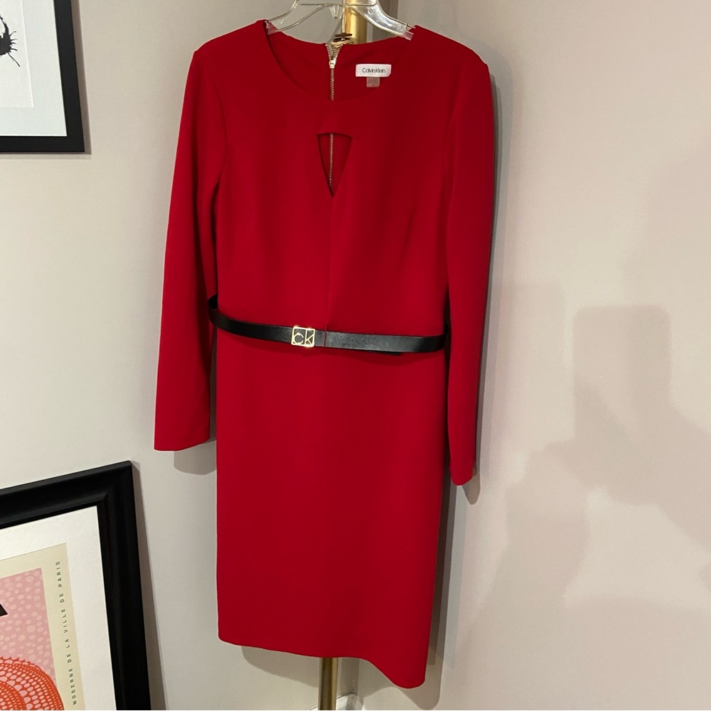 Calvin Klein Red Long Sleeve Sheath Dress with Belt and Cutout